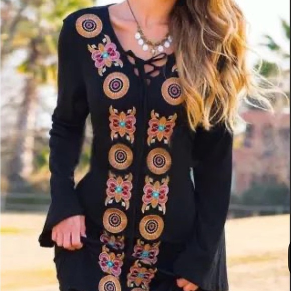 MISSLOOK Dresses & Skirts - MISSLOOK Vintage Boho Geometric Floral Women Dress  Vibrant Embroidery
